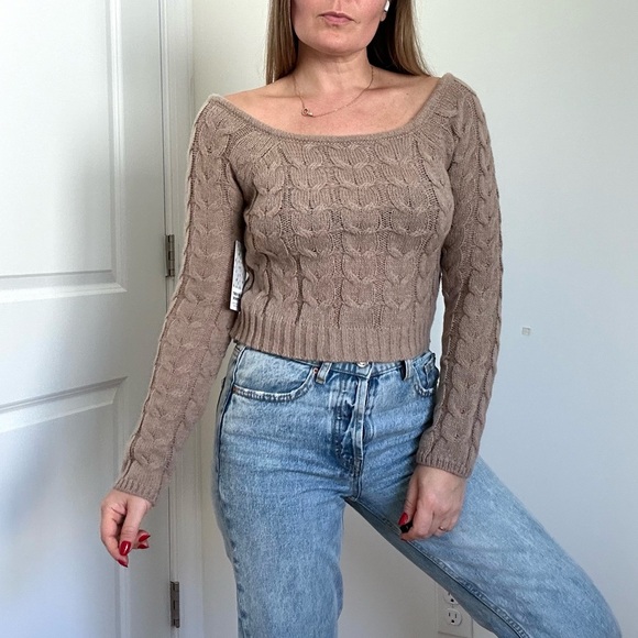 MCable Knit Boat Neck Crop Sweater Top - Picture 1 of 6